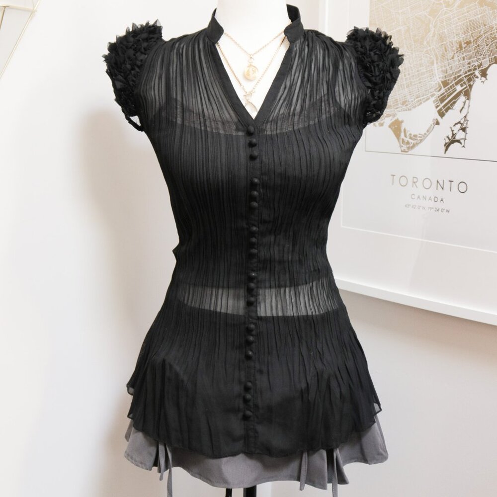 Sheer Black Accordion Ruffle Blouse 👽 LUXE COLLECTION